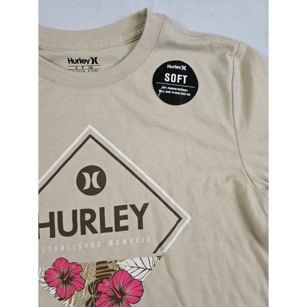 Hurley Boys Rattan Graphic T-Shirt Tan Hibiscus Logo Tee S 8-10 NWT